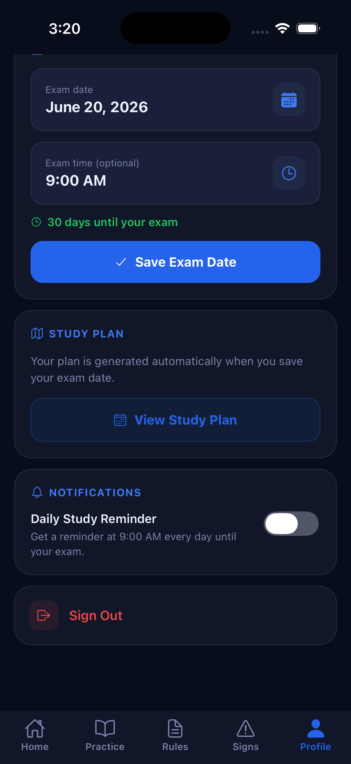 Study plan profile setup screen
